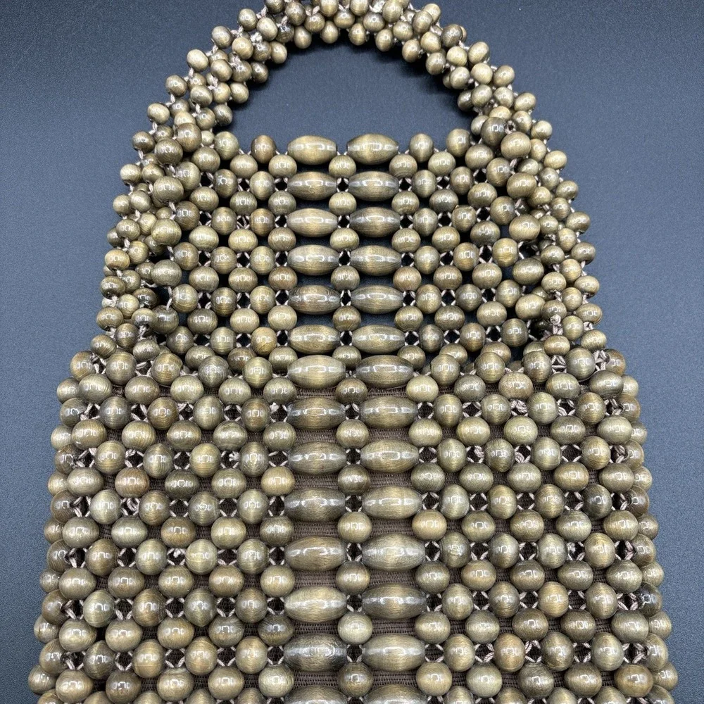 1950s Wood Bead Purse Dayne Taylor Boho Double Handle Handbag Lined MCM Japan
